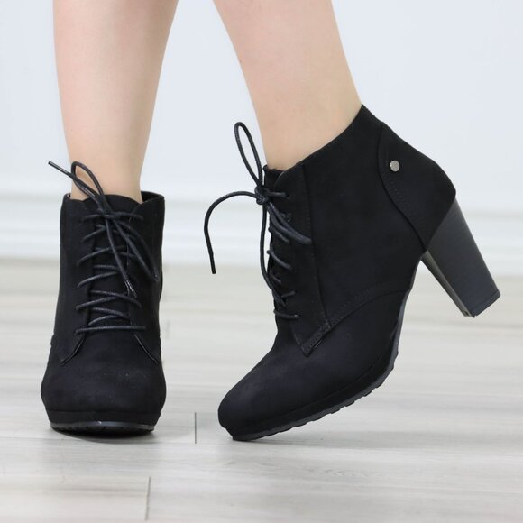 Womens Ankle Boots Lace Up Block Heel Booties Black Faux Suede - Picture 10 of 12